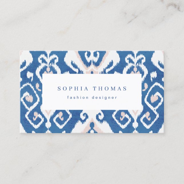 Modern ikat blue white professional business card (Front)
