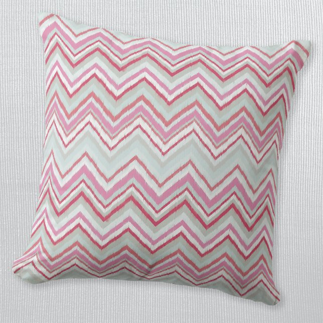 Modern Ikat Chevron Stripe Abstract Pink Green Cushion (Modern pink and mint green abstract geometric Ikat chevron zigzag stripe pattern throw pillow)