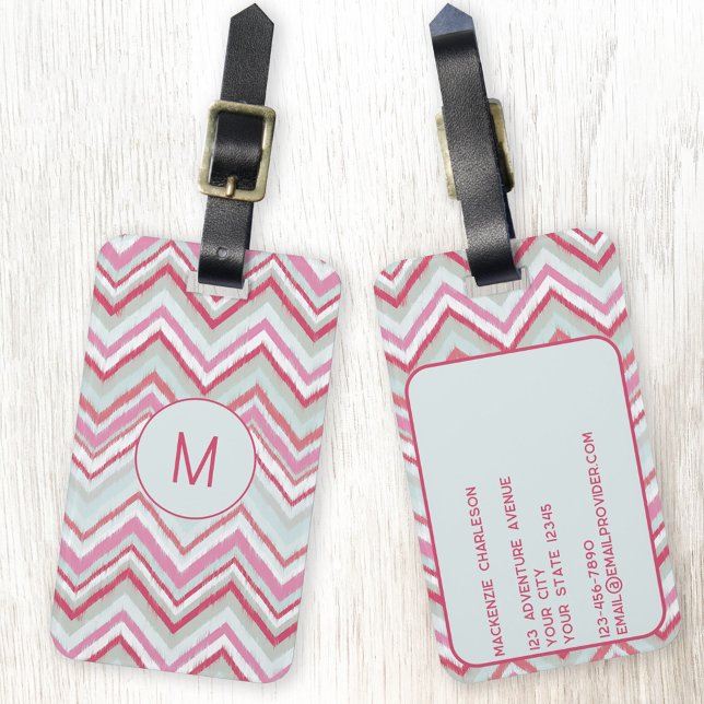 Modern Ikat Chevron Stripe Monogram Initial Luggage Tag (Abstract monogram initial Ikat chevron geometric zigzag stripe pattern personalized luggage tag)