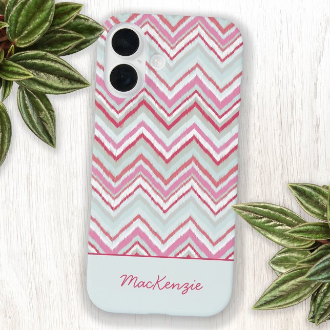 Modern Ikat Chevron Stripe Personalised Name Case-Mate iPhone Case (Modern personalized name abstract geometric pink green ikat chevron stripe cell phone case)