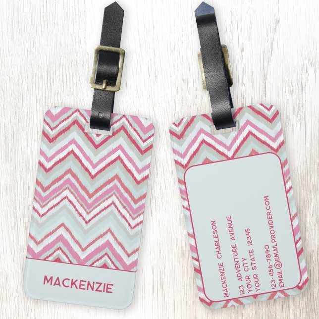 Modern Ikat Chevron Stripe Personalised Name Luggage Tag (Modern ikat chevron zigzag geometric stripe pink green personalized name luggage tag)
