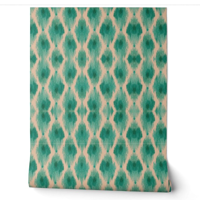 Modern Ikat Teal & Beige Wallpaper | Organic Boho (Unrolling)