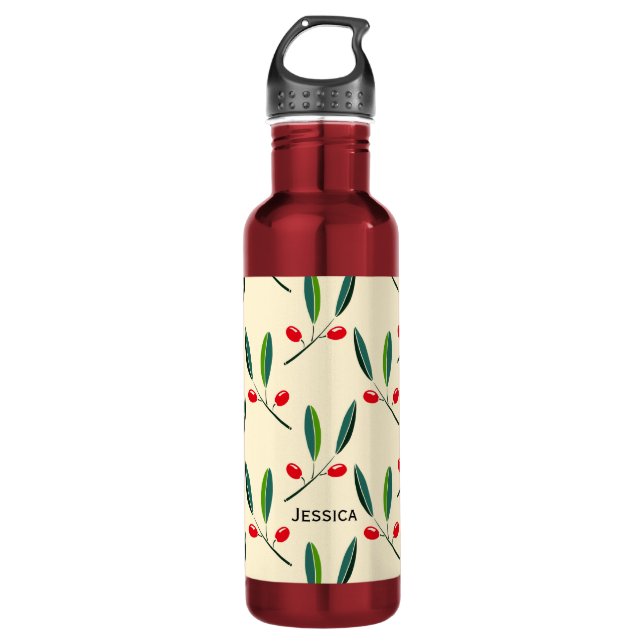 Modern Illustrated Red Berries Pattern Personalise 710 Ml Water Bottle (Front)