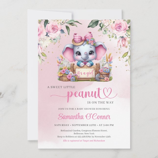 Modern illustration elephant little peanut pink invitation (Front)