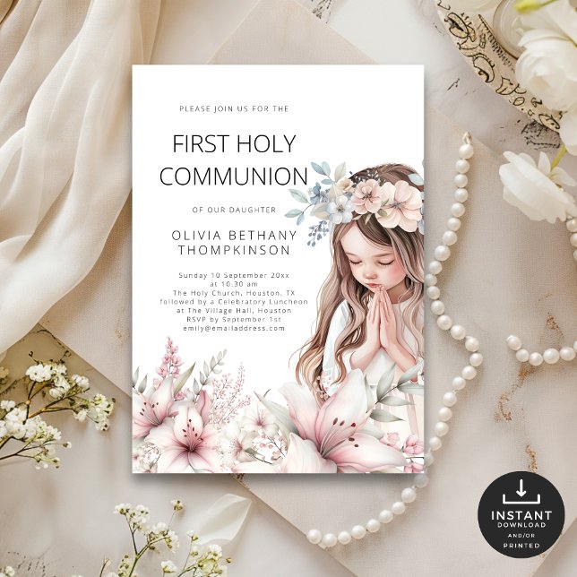 Modern illustration Girl Floral 1st Holy Communion Invitation (Creator Uploaded)