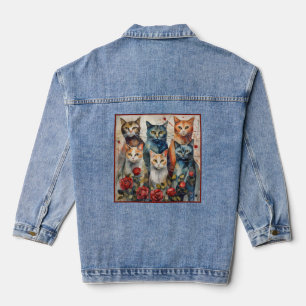 Modern Illustration Of Six Cats and Roses Denim Jacket