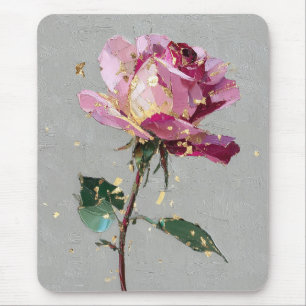 Modern Impressionist Gold Leaf Pink Rose Oil Paint Mouse Pad