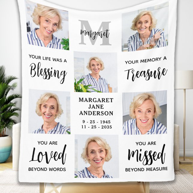 Modern In Loving Memory Custom 6 Photo Memorial Fleece Blanket (Creator Uploaded)