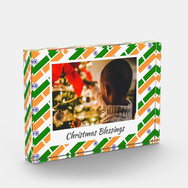 Modern INDIA FLAG Christmas Keepsake Photo Block (Left)