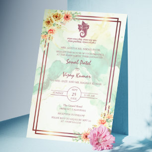 Modern Indian Hindu Wedding Ganesha Floral Marble Invitation