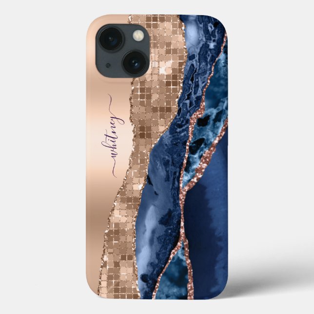 Modern Indigo Blue Agate Gold Glitter Sparkle Chic Case-Mate iPhone Case (Back)