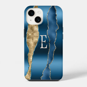 Modern Indigo Blue Agate Gold Sequins iPhone 14 Case