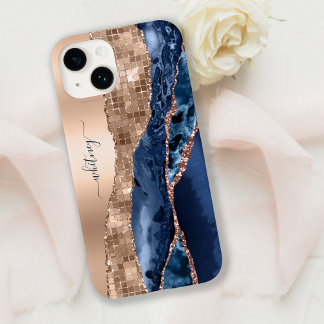 Modern Indigo Blue Agate & Rose Gold Confetti Leaf Case-Mate iPhone 14 Case