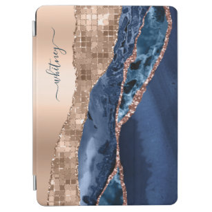 Modern Indigo Blue Agate & Rose Gold Confetti Leaf iPad Air Cover