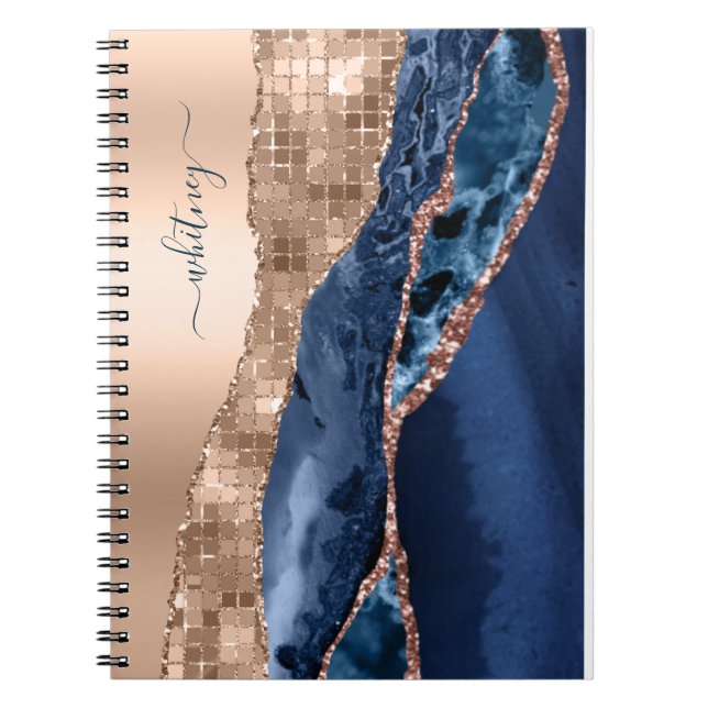 Modern Indigo Blue Agate & Rose Gold Confetti Leaf Notebook (Front)