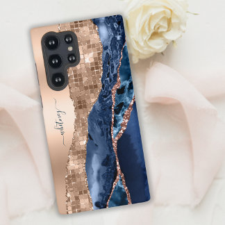 Modern Indigo Blue Agate & Rose Gold Confetti Leaf Samsung Galaxy Case