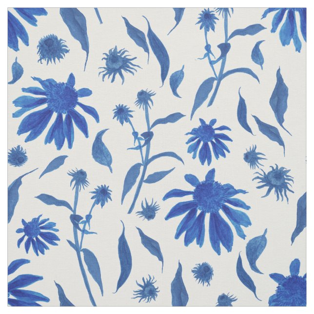 Modern Indigo Blue Cone Flowers on White Fabric (Swatch)