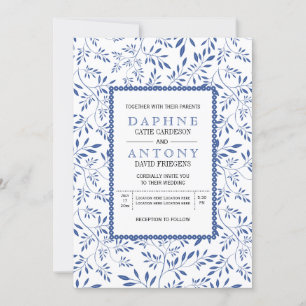 Modern indigo blue leaves pattern wedding invitation