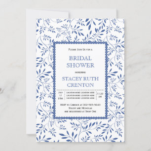 Modern indigo blue leaves wedding bridal shower invitation