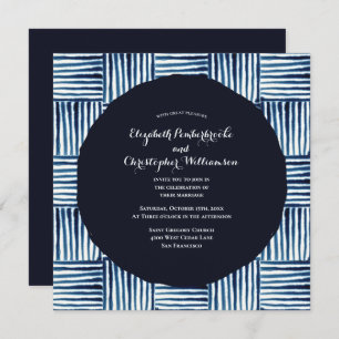 Modern Indigo Blue Stripe Watercolor Wedding Invitation