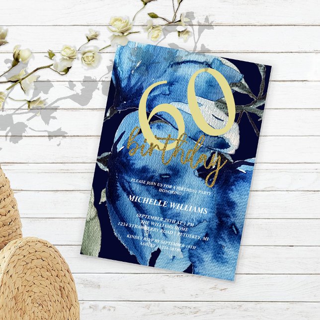 Modern Indigo Floral Glitter Calligraphy Invitation (Creator Uploaded)