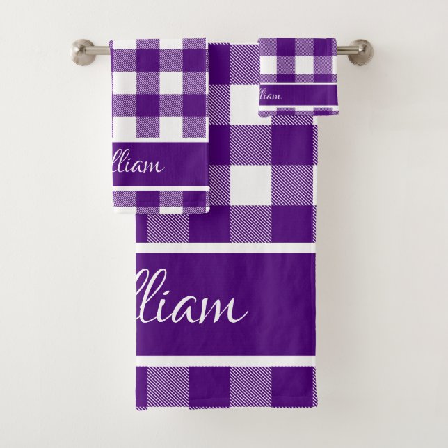 Modern Indigo Purple Buffalo Checks Script Name Bath Towel Set (Insitu)
