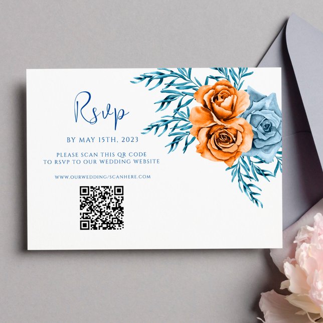 Modern Indigo Rust QR Code Floral Wedding RSVP Card (Creator Uploaded)