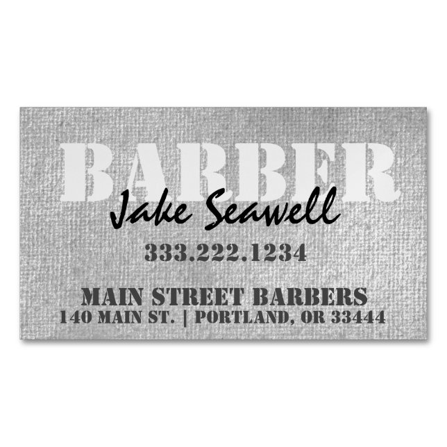 Modern Industrial Grey Barber Magnetic Business Card (Front)