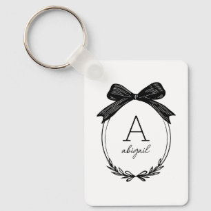 Modern Initial Black and White Chic Bow Monogram Key Ring