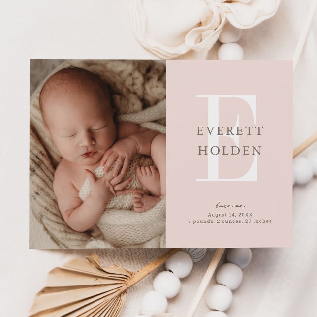 Modern Initial Blush Pink Baby Three Photo Birth Announcement (Creator Uploaded)
