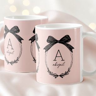 Modern Initial Chic Black Bow Blush Pink Monogram Coffee Mug