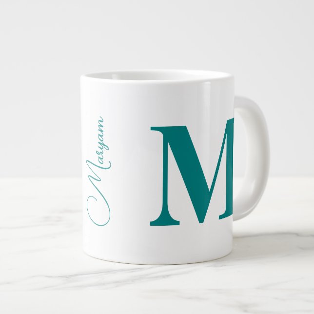Modern Initial Letter & Name | Teal Monogram Large Coffee Mug (Front Right)