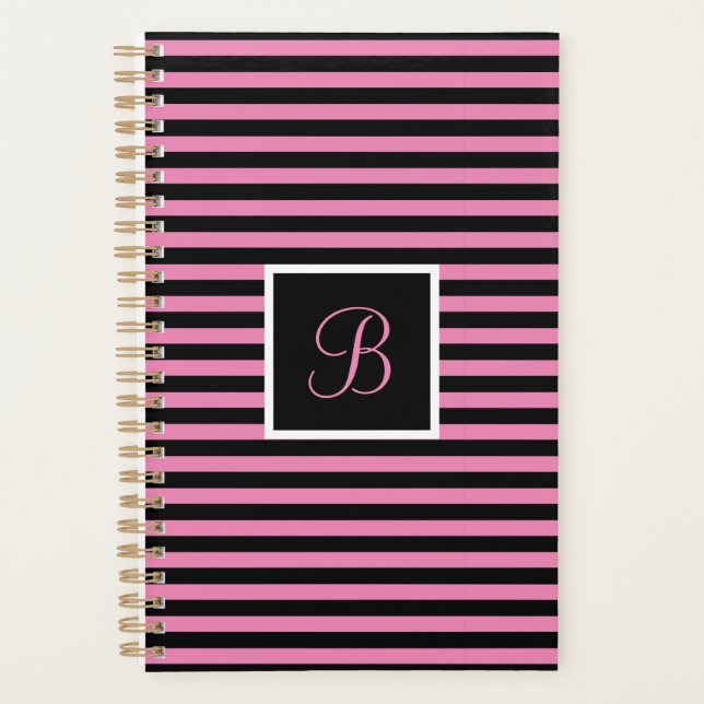 Modern Initial Letter Pink and Black Striped Planner (Front)