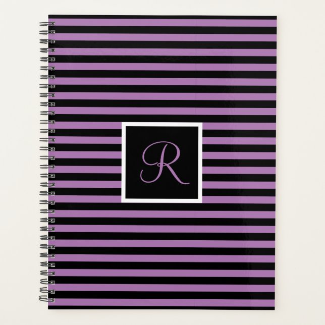 Modern Initial Letter Purple and Black Striped  Planner (Front)