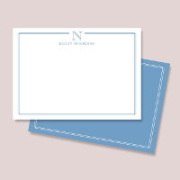 Modern Initial Monogram Blue Border Stationery