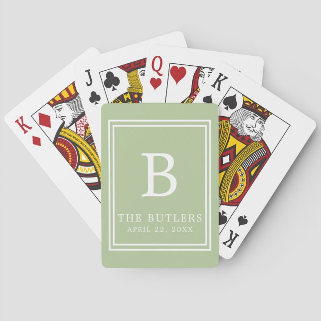Modern Initial Sage Green Wedding Playing Cards (Back)
