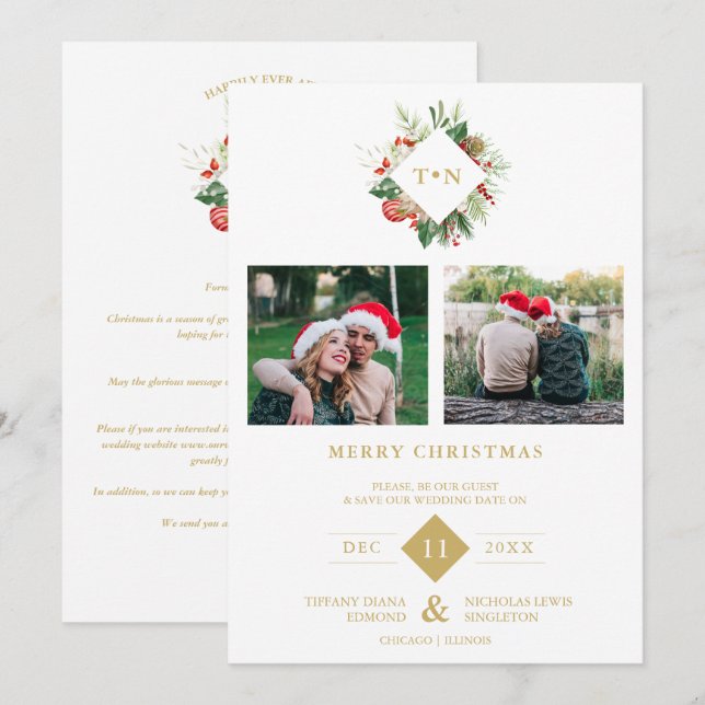 Modern Initials Floral Christmas Wreath 2 Photos  Save The Date (Front/Back)