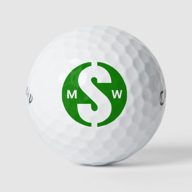Modern Initials Fun Green Money Custom Monogram Golf Balls (Front)