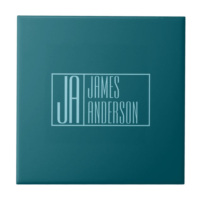 Modern Initials & Name | Dark Teal & Light Blue Ceramic Tile (Front)