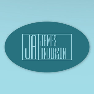 Modern Initials & Name   Dark Teal & Light Blue Oval Sticker