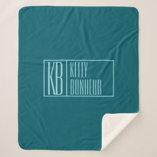 Modern Initials & Name Dark Teal & Light Blue Sherpa Blanket
