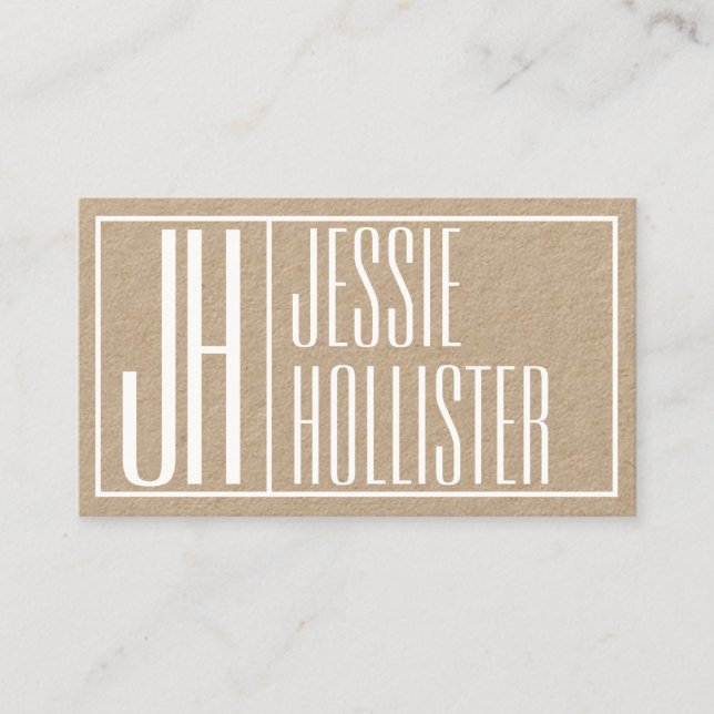 Modern Initials & Name Logo | White on Kraft Paper Business Card (Front)