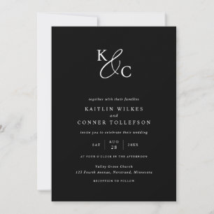 Modern Initials Simple Black & White Wedding Invitation