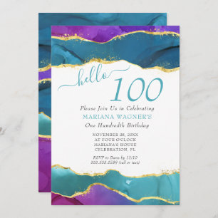 Modern Ink Gold Magenta Purple Teal 100th Birthday Invitation