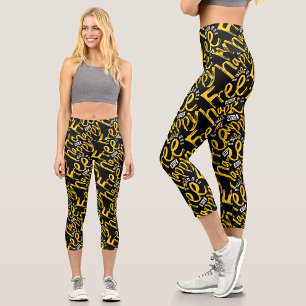 Modern Inspiration Black Yellow Brush Paint Typo  Capri Leggings