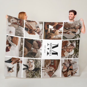 Modern Instagram Photo Collage White Monogram Fleece Blanket