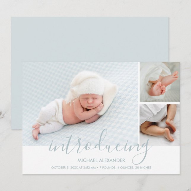 Modern Introducing Boy Photo Birth Announcement (Front/Back)