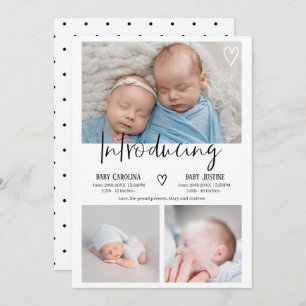 Modern introducing script 3 photo baby twins birth announcement