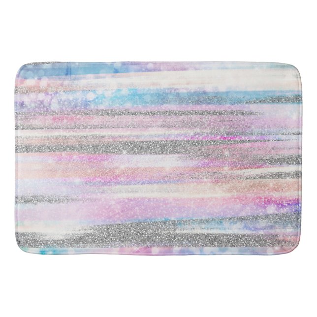 Modern Iridescent & Silver Glitter Strokes Stripes Bath Mat (Front)