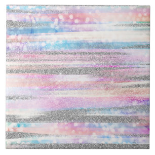 Modern Iridescent & Silver Glitter Strokes Stripes Ceramic Tile